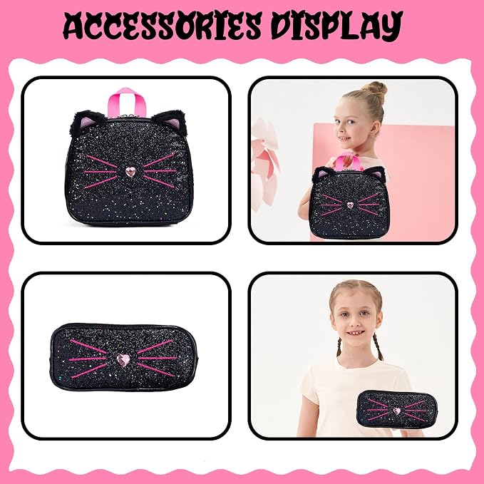 Meetbelify Black Cute Cat School Backpack for Girls Backpack with Lunch Box for Elementary Students Kids Travel Bookbag for Girls Ages 6-8