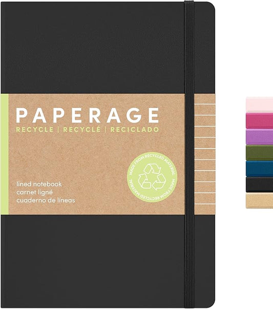 PAPERAGE Recycled Lined Journal Notebook, (Black), 160 Pages, Medium 5.6 in x 8 in - 100 GSM Thick Paper – College Ruled, Hardcover Journaling Notebook for Work, School & Note Taking