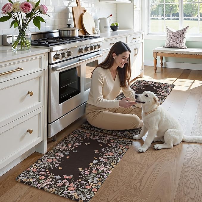 KIMODE Kitchen Anti Fatigue Mats, Farmhouse Kitchen Rugs Sets of 2, Memory Foam Kitchen Mats for Floor, Waterproof Non Skid Standing Mat for Sink Laundry Office Desk Black 20"x47"+20"x32"