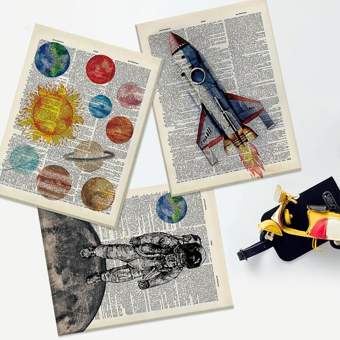 CHDITB Vintage Space Canvas Wall Art, Antique Dictionary Astronaut Decor, Retro Solar System Framed Poster, Celestial Planets Artwork, Outer Space Room Prints For Kids Bedroom Nursery Decor 8”X10”X6