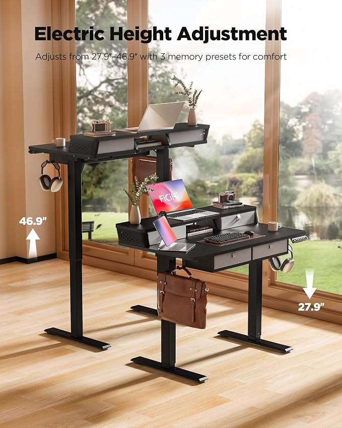 FiCiHi 40x24 Inch Electric Standing Desk, 4 Drawers, Adjustable Height Desk | Small Sit Stand Computer Desks, C-Clamp Compatible Home Office Desk with Monitor Stand, Cable Management, 3 Preset Heights