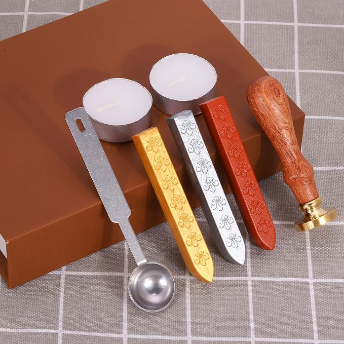 Yoption Wax Seal Stamp Kit, Bee & Honeycomb Sealing Stamp with Gold Red Silver Sealing Wax Sticks Gift Box Set for Invitations, Cards, Letters, Gift Idea