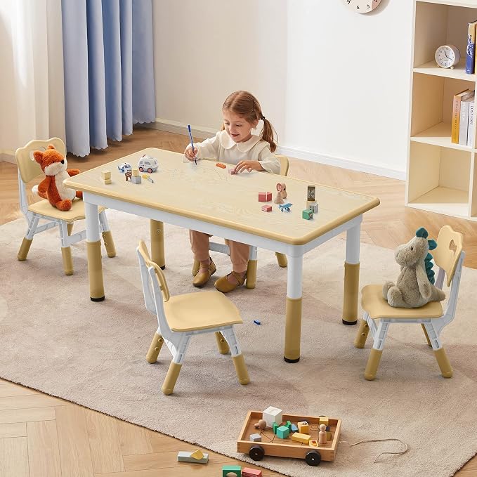 DOREROOM Adjustable Kids Table & 4 Chairs Set, 47.2" L x 23.6" W, Beige-W | Graffiti Desktop,Table Supports 300 lbs,Toddler Ages 2-8，FSC-certified, Children Activity Table for Daycare, Classroom, Home