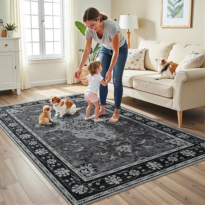 3x5 Area Rugs for Bedroom, Machine Washable Vintage Rug, Non-Slip Low Pile Throw Rugs with Rubber Backing Printed Vintage Floral Carpet for Living Room Dining Room Kitchen Home Decor, Black Grey