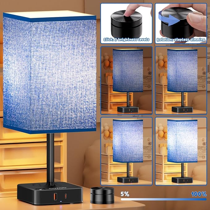 cozoo Bedside Table Lamp for Bedroom, 3 Way Dimmable & Remote Control Stepless Dimming Touch Nightstand Lamp, 2 USB Ports and 2 AC Outlets, Small Desk Light for Living Room, Bed, Study, Blue