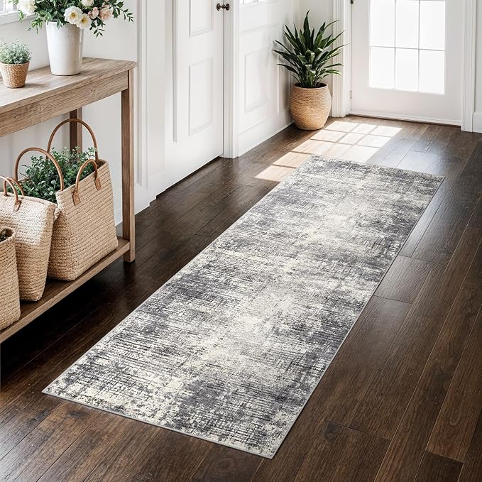 2x5 Hallway Washable Runner Rug - Non-Slip Kitchen Rugs with Rubber Backing Abstract Neutral Low-Pile Carpet Runners for Laundry Room Home Decor Bedroom Bathroom Entryway (Gray Beige,2x5)