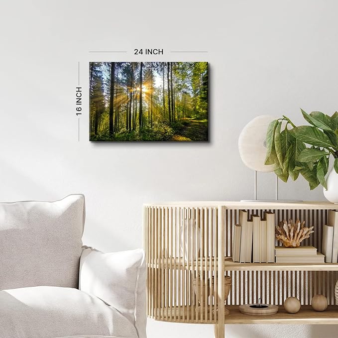 Nature Forest Landscape Wall Art Sunrise Green Tropical Trees Canvas Pictures Wall Decor 16x24" Mountain Prints Painting Modern Framed Artwork for Living Room Bedroom Kitchen Office Home Decoration