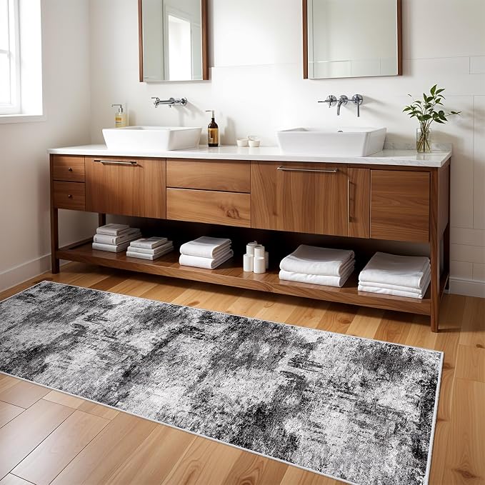 RUUGME 3x8 Runner Rug for Hallway: Abstract Washable Non-Slip Wide Carpet for Kitchen Floor Entryway Bedroom - Soft Boho Modern Low-Pile Throw Floor Mat for Home Decor (3x8 Black-White)