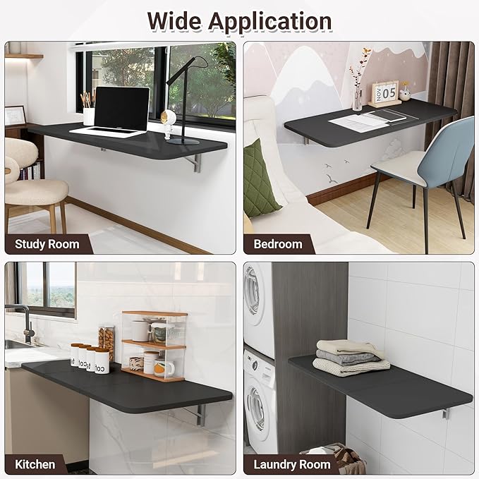 Wall Mounted Folding Desk 35.4” x 15.7”, Drop Down Table with Metal Collapsible Brackets, Folding Wall Table for Small Spaces, Home, Office, Kitchen, Laundry Room-Black