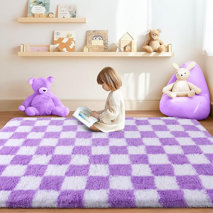 Checkered Rug 4x6 for Bedroom, Ultra Fluffy Shag Area Rugs for Living Room, Upgrade Anti-Skid High Pile Soft Rug Fuzzy Carpet for Living Room Bedroom Kids Room Nursery, Dorm Home Decor, White & Purple