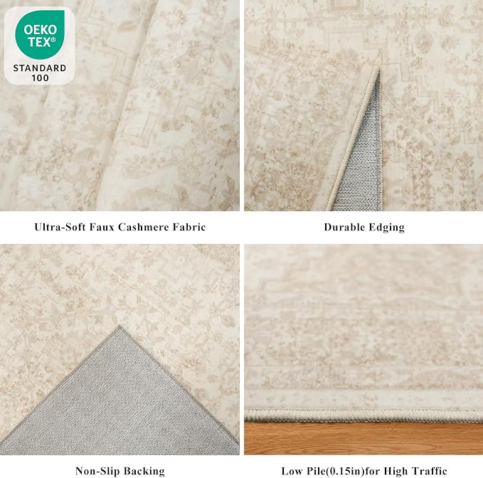 3x6 Washable Entryway Runner Rug – Non-Slip Wide Carpet Runner for Kitchen Hallway Bathroom, Neutral Vintage Distressed Low Pile Indoor Door Mat (Ivory Beige)