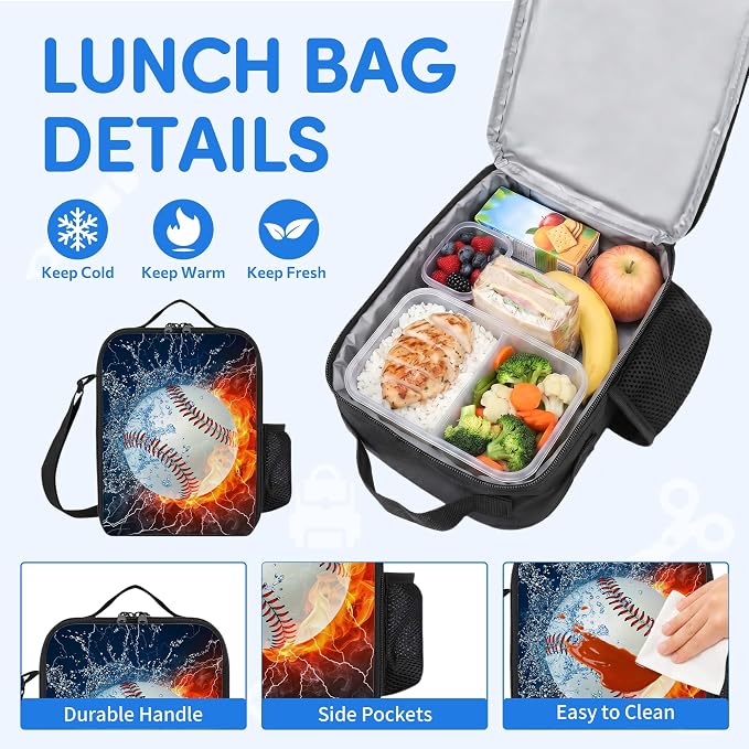 3PCS Baseball Backpacks for Boys Girls Teens, School Backpack with Lunch Box Pencil Case for Elementary Middle High Students, 17 Inch Lightweight Bookpack 3 in 1 Set Back to Shool Supplies for Kids
