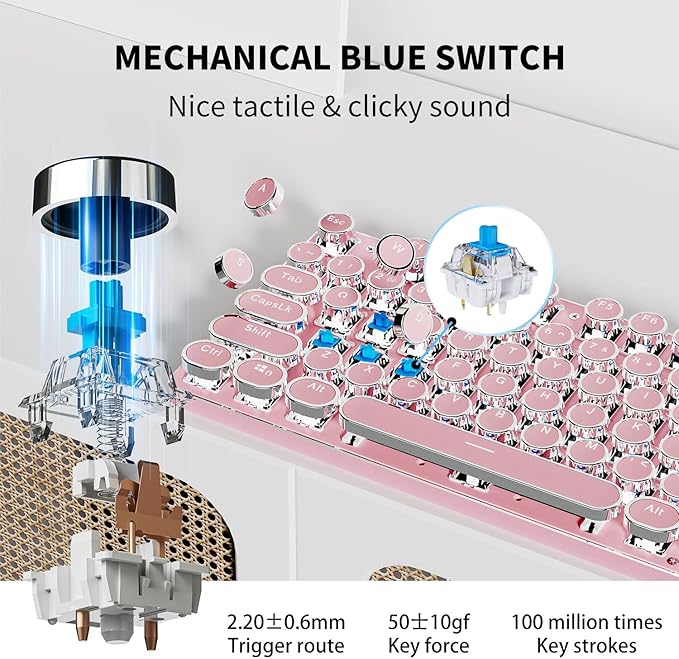 TK950 Wireless Typewriter Keyboard and Mouse Combo, 104 Keys Retro Typewriter Mechanical Keyboard with White Backlit, Anti-Ghosting, Blue Switch, Bluetooth/2.4G/Wired Cute Gaming Keyboards-Pink