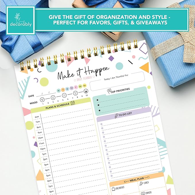 Decorably 52 Sheets Colorful Pastel Undated Daily Planner Pad - 6.5x10in Spring-Bound to Do List Notepad for Schedule, Priorities, Agenda, Water Intake, Meals, Notes and Doodles, Easy Tear-Off Design