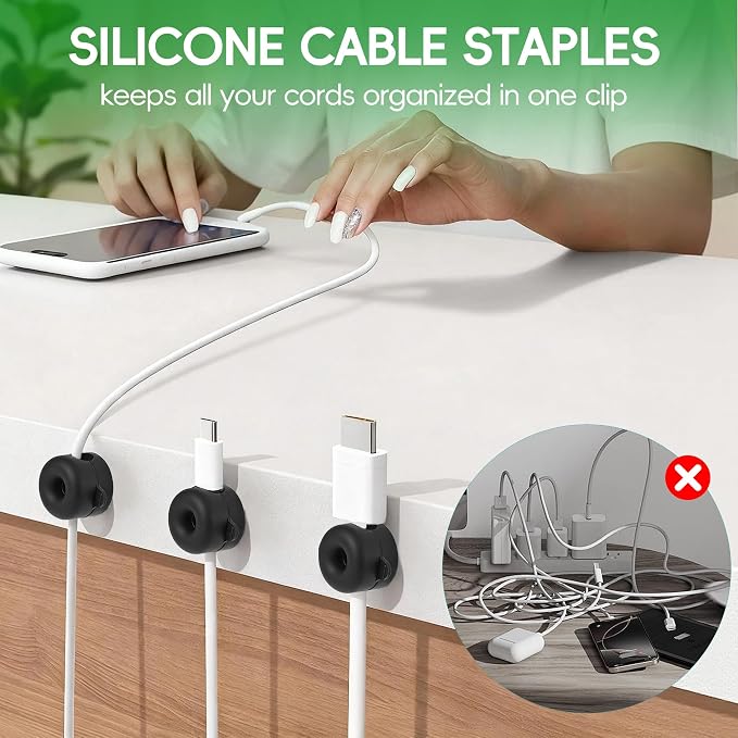 8-Pack Magnetic Cable Management Clips for Home Office Desk, Cord Organizer | reusable, strong adhesive, silicone wire staples keeper, stick-on wire holder clamps, work on wall, nightstand, car dashboard