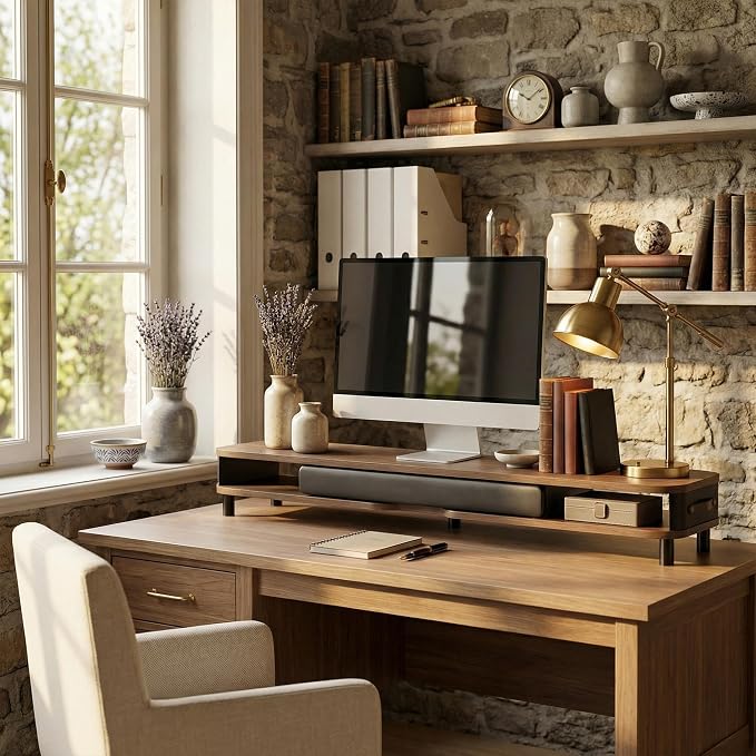 Fenge Dual Monitor Stand with Large Storage Drawer, 42.5" Dsek Shelf, Brown | Slide-Out Drawer, Ergonomic Monitor Riser, Aluminum leg, 2-Tier Desk Organizer for Laptop, TV, PC