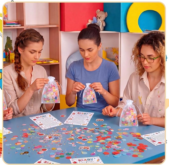 AmazingSpark 24 Sets Ready Confetti Back to School Supplies Magic Jitter Glitter with Poem Cards Organza Bags First Day of School Confetti Anxiety Relief Favor Gifts for Teachers(Cute)