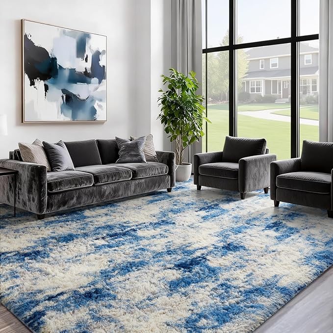 Ophanie 6x9 Blue and Gray Area Rugs for Living Room,Large Navy Grey White Fluffy Shag Fuzzy Plush Soft Carpets,Floor Shaggy Rugs for Bedroom,Carpet Kids Boys Dorm Decor with Over 99 pcs Pile fibers