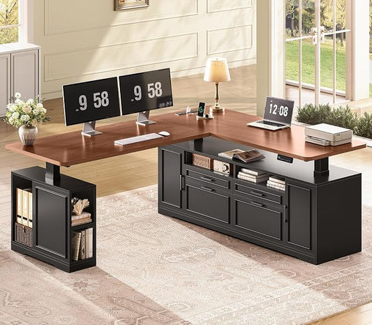 SEDETA Farmhouse L Shaped Electric Standing Desk, 69" x 55" Height Adjustable Office Executive Desk with 4 Drawers and Storage Shelves, Sit Stand Computer Desk with Power Outlet, Black and Brown