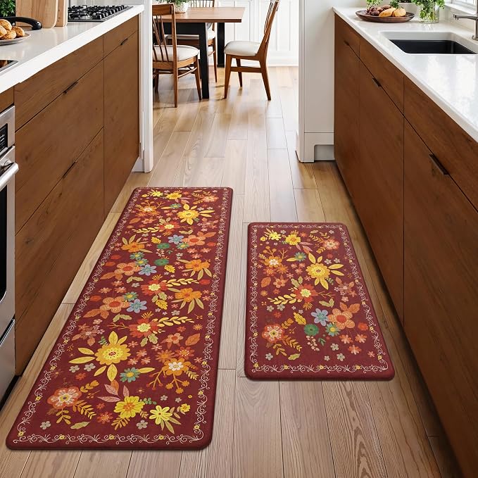 GENIMO Anti Fatigue Kitchen Mats for Floor 2PCS, Cushioned Standing Mats | 17.3"x59"&17.3"x30", Red vintage floral rug set, waterproof, non slip, easy-clean for farmhouse