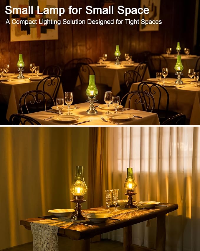 UMEXUS Vintage Small Cordless Table Lamp, Rechargeable Battery Powered | Touch Control Dimmer, Green Glass Shade & Gold Base Ambient Lighting, Home Decor for Bedroom Living Room Kitchen Nightstand