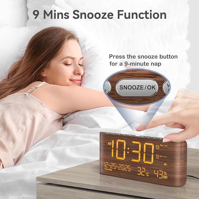 Mesqool Digital Alarm Clock with Temperature & Humidity | Dual Alarms, Calendar clock, Loud Volume, USB & Type-C Charging, 5-Level Brightness for Bedroom & Office