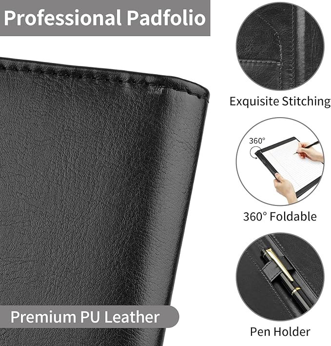 Professional Padfolio Portfolio Binder, Faux Leather Interview Resume Folder, Letter Size A4 Legal Writing Pad Holder, Document Organizer for Business School Office Conference (Black)