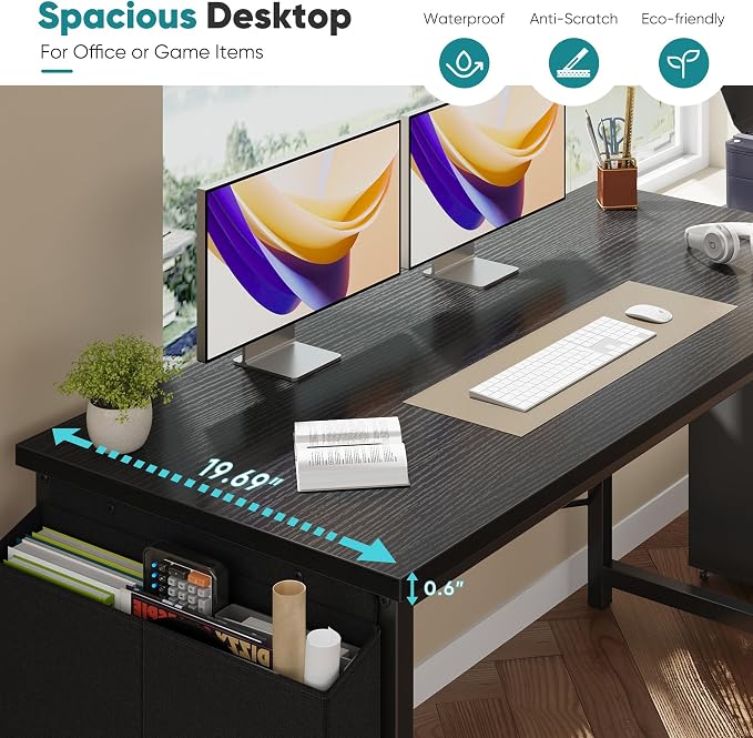 OLIXIS 55 Inch Computer Desk for Home Office, Writing Study Craft Gaming Table, Modern Computer Workstation with Storage Bag and Headphone Hook for Bedroom Small Spaces, Black