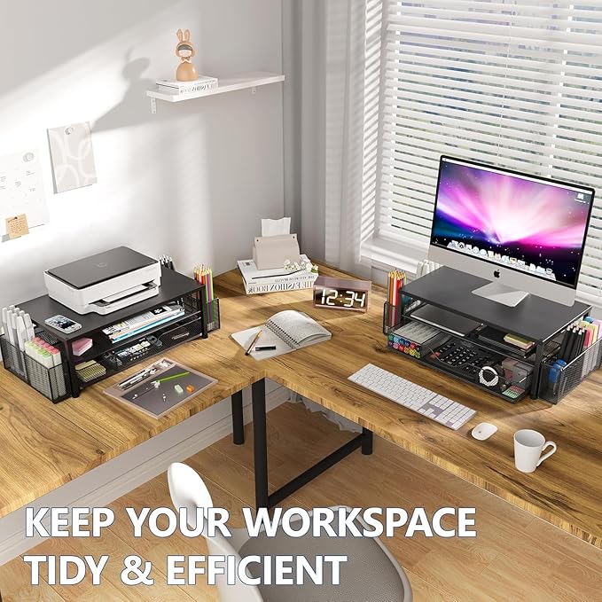 OPNICE Desk Organizer and Accessories, Dual Computer Monitor Stand Riser with Drawer and 2 Pen Holders, Laptop Stand, Office Desk Accessories for Office Supplies, Black 2-Pack