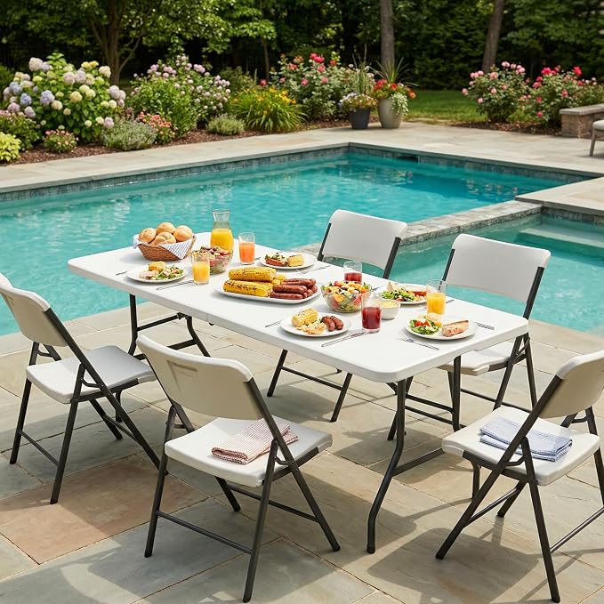 FDW 8FT Plastic Folding Table, Portable with Carrying Handle Perfect for Indoor, Outdoor, Party, Dining, Wedding, Events, Camping, White