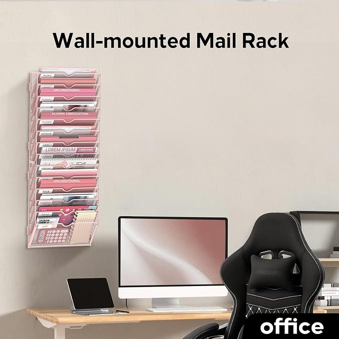 14 Tier Wall Hanging File Organizer, Paper Folder Holder Wall Mounted, Metal Mail Sorter for Office Home School, Pink
