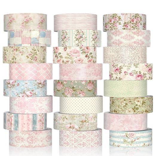 Gueevin 24 Rolls Watercolor Floral Washi Tape Set 15 mm Seasonal Flower Decorative Washi Tape for Craft Arts DIY Scrapbook Journaling Supplies Gift Wrapping (Vintage)