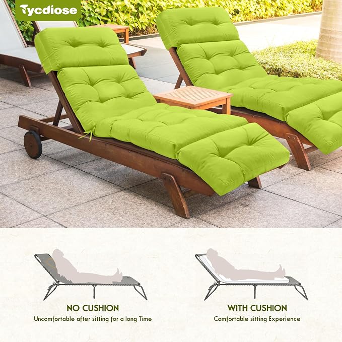 Waterproof Chaise Lounge Chair Cushions Outdoor 74.4 x 22 x 4.7 Inches Thickened Memory Foam Pool Chaise Lounge Chair Cushions Replacement for Outdoor Patio Furniture with Ties, Light Green