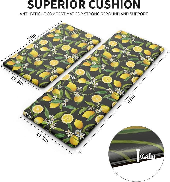 MAYHMYO Lemon Kitchen Decor Mat Set, 2PC Kitchen Mats, Anti Fatigue | Lemon Pattern,Lemon decor,Cushioned comfort,Non-slip backing,Easy to clean,Water-resistant,Kitchen,Laundry