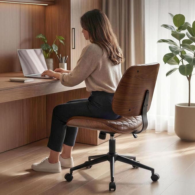 Furnimart Wooden Armless Desk Chair with Wheels, 360° Swivel Faux Leather Vanity Chair for Bedroom, Small Office Computer Task Chair for Home & Compact Spaces (PU Brown)