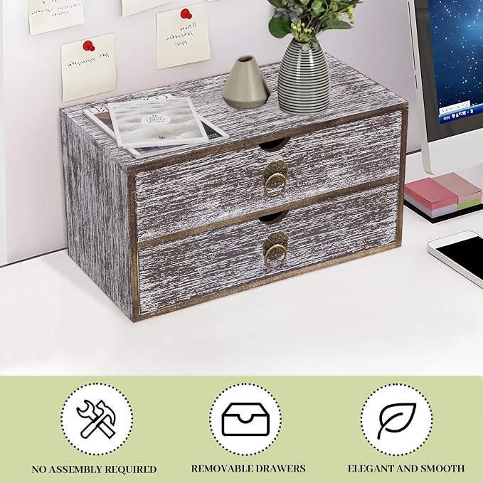 Wood Desk Organizer, Washed Brown Wooden Desktop Organizer with Drawer, Tabletop Storage Organization Box for Countertop, Home Office Supplies, Bills, 13.3 x 6.5 x 7 Inches(2 Drawer)