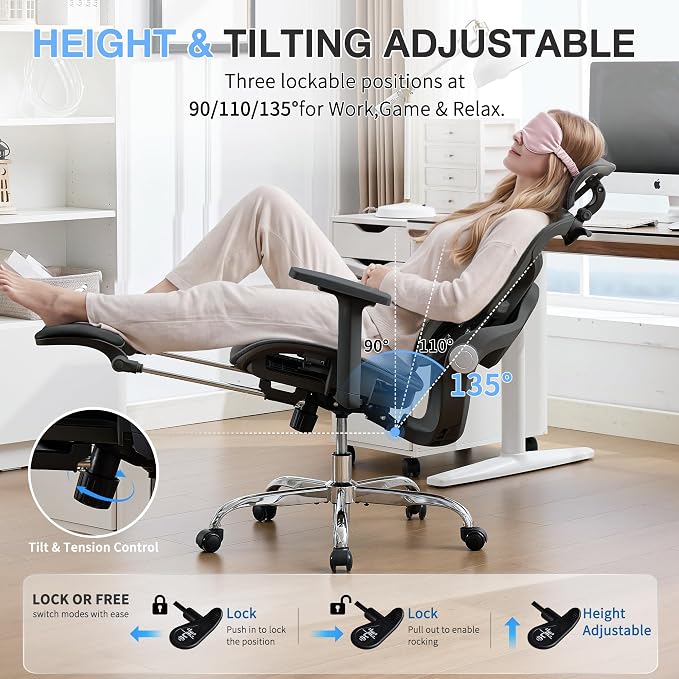 Ergonomic Mesh Office Chair with 2-Zone Lumbar Support and Footrest,Black | Big and Tall, 400LBS, Adjustable Seat Depth, 4D Headrest, 4D Armrests Swivel Executive Chair for Home Office