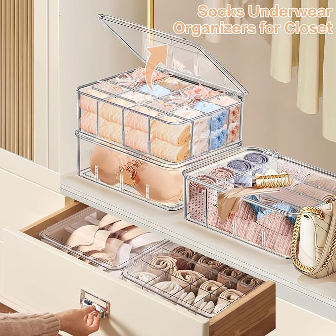 2pcs Sock Underwear Organizer, Sunoyar 16 Compartment Adjustable Dividers Tie Bras Socks Underwear Drawer Organizers for Closet, Clear Plastic Storage Containers Box with Lids for Ties Bra Scarf Socks