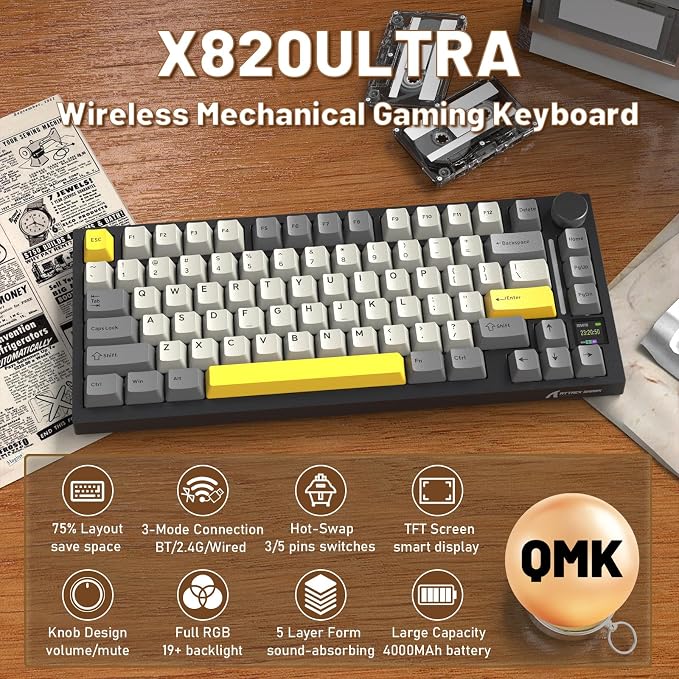 A.JAZZ Attack Shark X820Ultra 75% Wireless Mechanical Gaming Keyboard and Coiled Cable Hot Swappable 2.4GHz/Bluetooth/Wired Keyboard with Screen & Knob RGB Backlit Gasket Mount Gift Switch-Starblack
