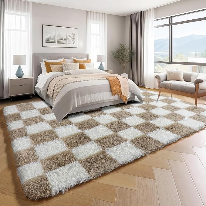 KICMOR Rugs for Living Room 7x10 Area Rug, Beige and Cream White Large Fluffy Shag Shaggy Fuzzy Checkered Bedroom Big Carpet, Soft Plush Rug for Kids Boys Girls Dorm Nursery Home Decor Aesthetic