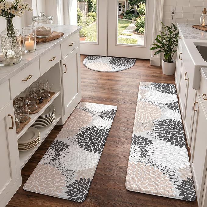 KIMODE Half Circle Anti Fatigue Mats for Kitchen Floor Rug Sets of 3 | 18"x28+18"x47"+18"x59",Pink,Dahlia Floral Boho,Half Round,3PCS,Non Slip,Waterproof,for Sink Office Laundry Bathroom Decor