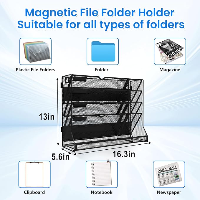 Magnetic File Holder, Magnetic File Organizer, 5-Tier Wall Organizer for Office with 4 Pen Slots, Vertical Hanging File Folder Holder with R-shaped Bottom Tray, Organization for Workspace