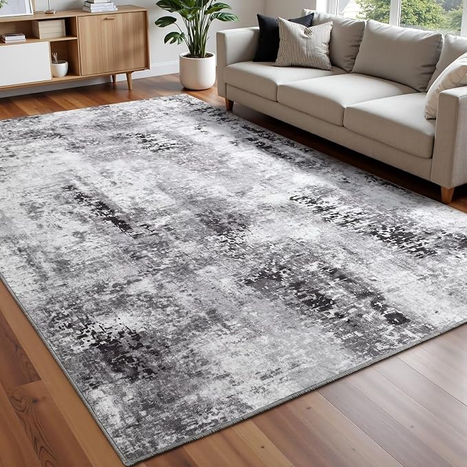 Macgace Washable Abstract Rug, 5x7 Modern Area Rugs with Non-Slip Rubber Backed for Living Room, Thin but Soft Contemporary Carpet Kitchen Bedroom Dining Room Decor, Dark Grey