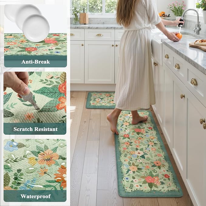 KIMODE Anti Fatigue Mats for Kitchen Floor Green Farmhouse Kitchen Rugs | 17"x47"+17"x29" Kitchen Rugs Sets of 2 Cushioned Kitchen Floor Mats Non Skid,Memory Foam Mats for Laundry Office Sink Desk