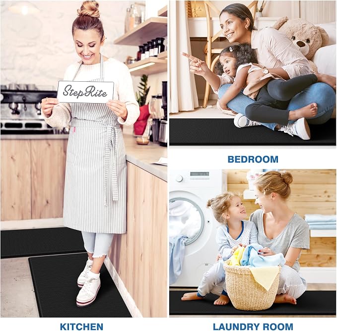 StepRite Kitchen Mats, 2PCS Kitchen Rugs, Cushioned Anti Fatigue Kitchen Mats for Floor, Non-Slip Standing Desk Mat, Waterproof Kitchen Rug Set for Kitchen, 20" x 32"+20" x 71"-0.47 inch Thick, Black