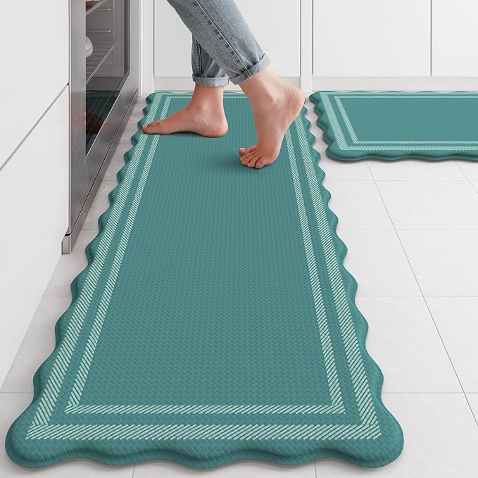KIMODE Anti Fatigue Kitchen Mats,Turquoise Scalloped Rugs for Kitchen Floor | Padded Kitchen Floor Mats,,Boho Kitchen Rugs Sets of 2, Cushioned Standing Mat for Laundry Office Sink Desk 17"x47"+17"x29"