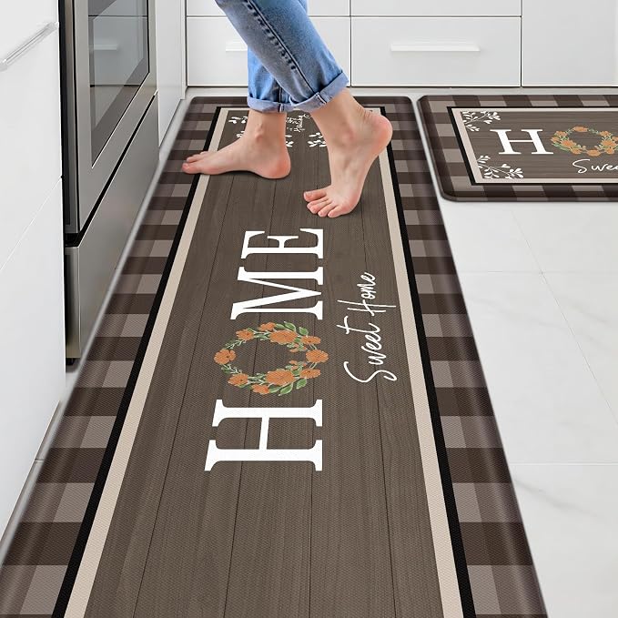 Kitchen Rugs, 2 PCS Kitchen Mats for Floor, Cushioned Non-Slip Anti Fatigue Mats for Kitchen Floor, Kitchen Runner Rugs for Standing Desk, Office, Laundry(17.3’’x 30’’+ 17.3’’x 59’’, Brown