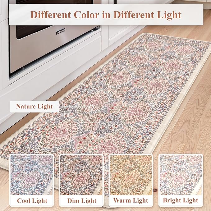 Collive Anti Fatigue Mats for Kitchen Floor, Cushioned Comfort Kitchen Rugs Sets of 2 Waterproof Non Skid Padded Sink Rugs, Pink/Blue Floral Rug Standing Mat for Laundry, Home Office Decor