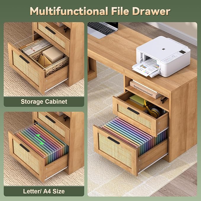YOMILUVE 66 inch Rattan L Shaped Standing Desk with Storage for Home Office | Corner Electric Standing Desk with Drawers ＆ Storage Shelves, Height Adjustable Computer Desk with Power Outlets, Oak