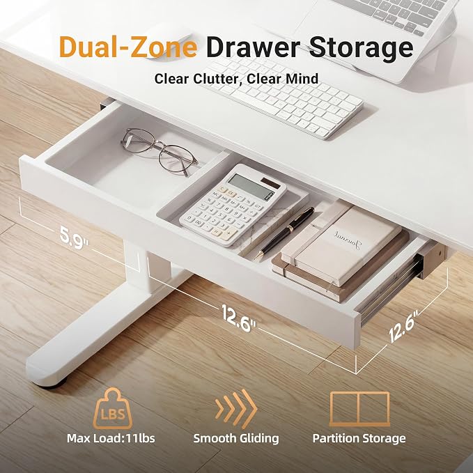 INNOVAR 35 x 20 Inch Super White Glass Standing Desk with Drawers | Tempered Glass Top, Ergonomic, Adjustable Height, Stand Up Desk, Home Office, 4 Memory Presets